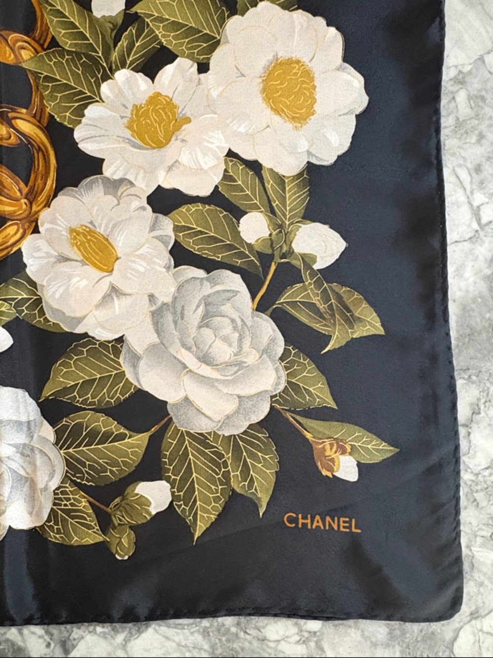 Vintage Chanel Camellia Print Silk Scarf. Black, Gold and White.